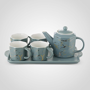 Керамический Серо-Голубой Набор для Чаепития : Поднос,Чайник, 4 Кружки "Мрамор"