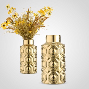 Золотистая керамическая ваза-цилиндр с узким горлом М