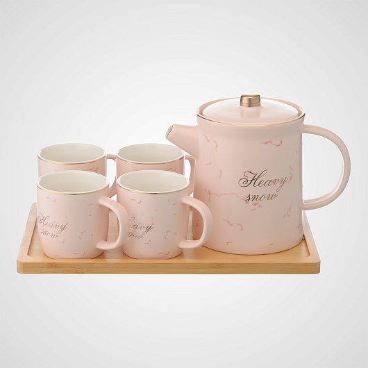 Керамический Розовый Набор для Чаепития : Деревянный Поднос, Чайник, 4 Кружки 