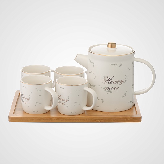 Керамический Белый Набор для Чаепития : Деревянный Поднос, Чайник, 4 Кружки 
