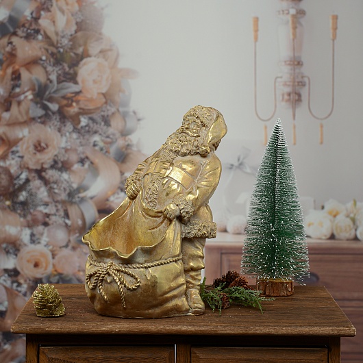Дед Мороз с Мешком Подарков Золотистый (Полистоун)
