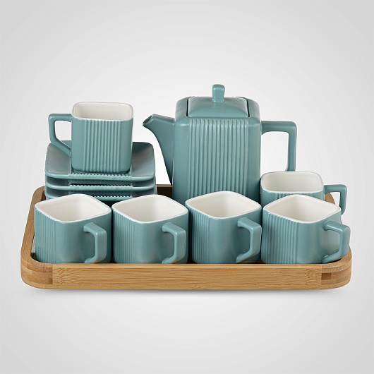 Керамический Синий Набор для Чаепития : Деревянный Поднос,Чайник, 6 чайных пар 