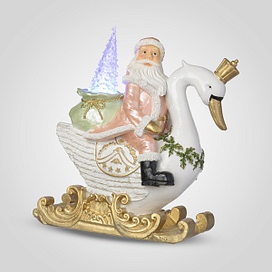 Дед Мороз в Розовом Костюме с Мешком Подарков на Сказочном Лебеде (полистоун)