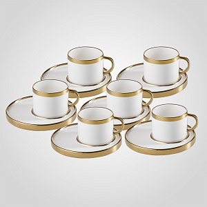 Набор Керамический Чашка+Круглое Блюдце с Золотистой Каймой (6 штук) Белый