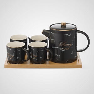 Керамический Черный Набор для Чаепития : Деревянный Поднос, Чайник, 4 Кружки 