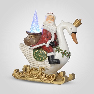 Дед Мороз в Красном Костюме с Мешком Подарков на Сказочном Лебеде (полистоун)