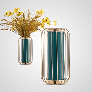 Зелёная керамическая ваза в металлическом каркасе "Линии" L