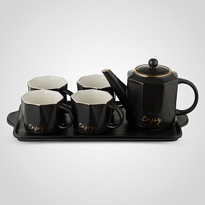 Керамический Черный Набор для Чаепития : Поднос,Чайник, 4 Кружки "Enjoy"