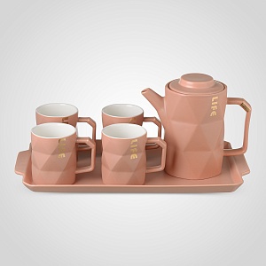 Керамический Розовый Набор для Чаепития : Поднос,Чайник, 4 Кружки "Life"