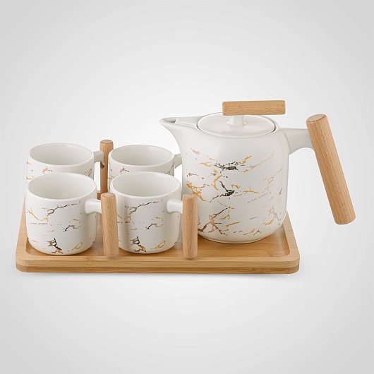 Керамический Набор для Чаепития : Деревянный Поднос,Чайник, 4 Кружки "Мрамор"
