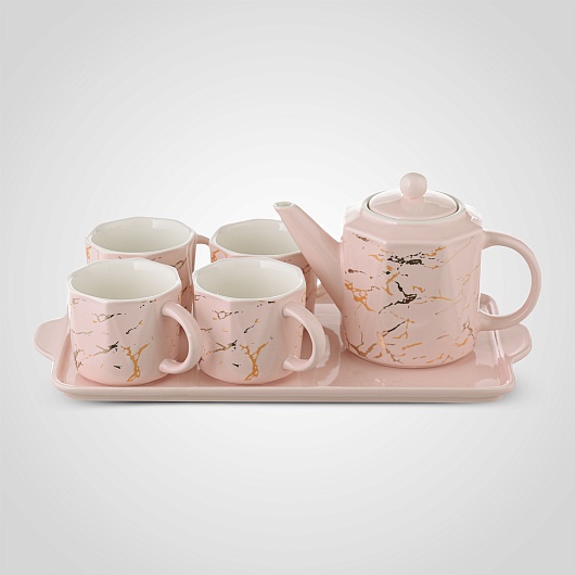 Керамический Розовый Набор для Чаепития : Поднос,Чайник, 4 Кружки "Мрамор"