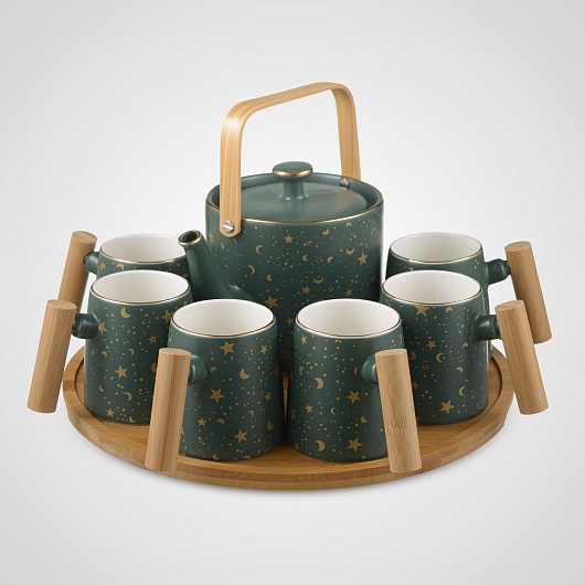 Зеленый Керамический Набор для Чаепития : Деревянный Поднос,Чайник, 6 Кружек