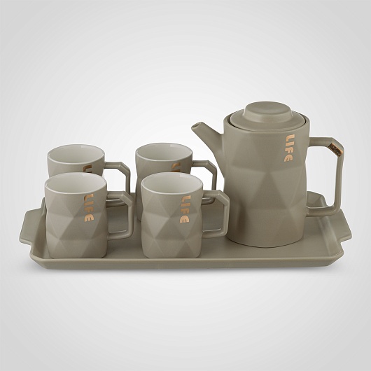 Керамический Серый Набор для Чаепития : Поднос,Чайник, 4 Кружки "Life"
