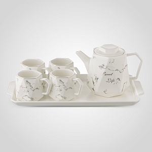 Керамический Белый Набор для Чаепития : Поднос,Чайник, 4 Кружки "Sweet Life"